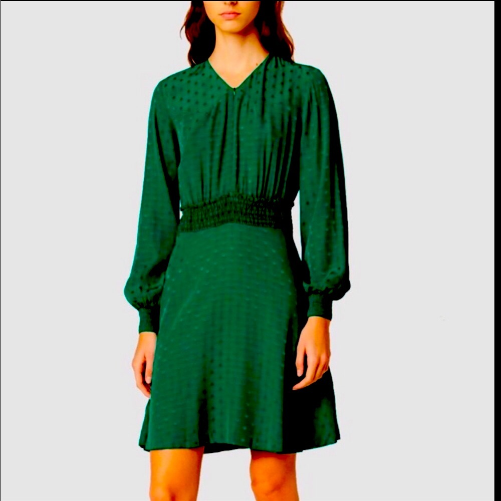 Sandro Paris Claudia dark green polka dot dress.